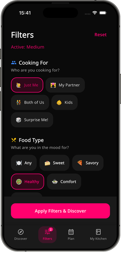 Filters screen: choose who you're cooking for and your food mood