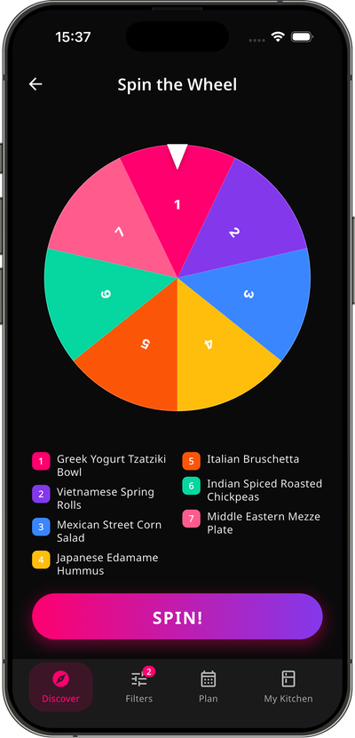 Spin the Wheel screen: a wheel of dish options to pick at random