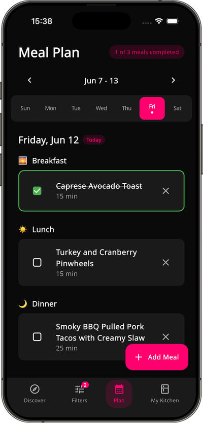 Meal Plan screen: a week of breakfasts, lunches and dinners
