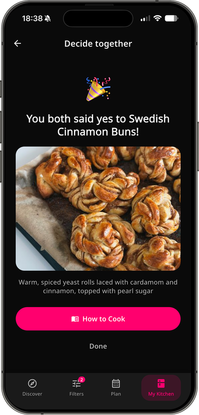 Decide Together screen: both people swiped yes to the same dish, dinner decided