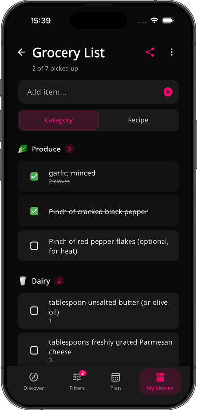 Grocery List screen: ingredients grouped by store aisle