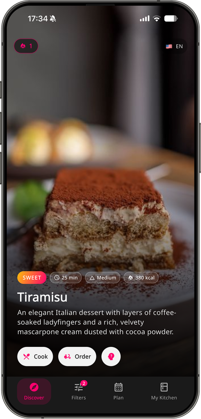 SomeYum Discover screen: a dish card with cook time and calories, ready to swipe