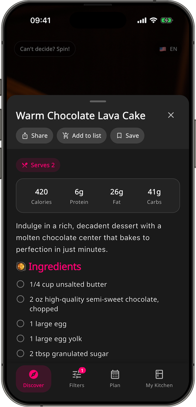 Recipe screen: full ingredients with calories and macros